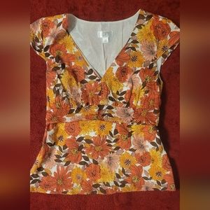 Ann Taylor Loft Cap Sleeve ORANGE & Brown Floral Top, Size 10P